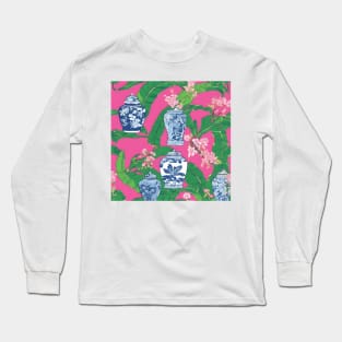 Chinoiserie jars, leaves and cherry blossom on hot pink Long Sleeve T-Shirt